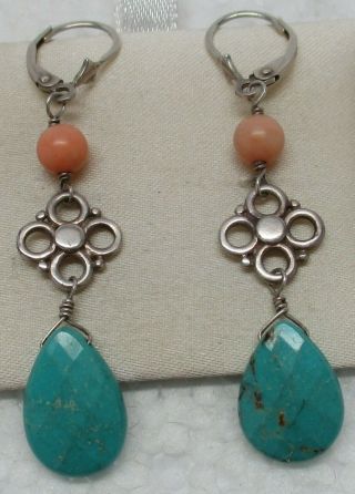 Vintage Sterling Silver Chunky Western Turquoise & Coral Faceted Drop Earrings
