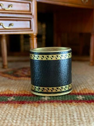 Vintage Miniature Dollhouse Artisan Black Leather Gold Gilt Office Waste Can