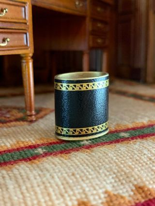Vintage Miniature Dollhouse Artisan Black Leather Gold Gilt Office Waste Can 4