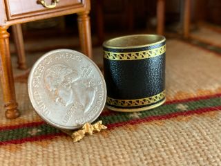 Vintage Miniature Dollhouse Artisan Black Leather Gold Gilt Office Waste Can 5