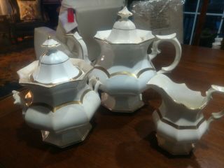 Antique Wedding Band Ironstone Tea Pot,  Creamer And Covered Sugar Dish