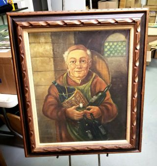 Vintage Antique Monk In Wine Cellar Oil On Canvas Painting Framed Signed