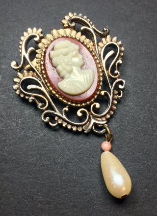 Vintage Brooch Pin Large Cameo Glass Faux Pearl Dangle Victorian Antique