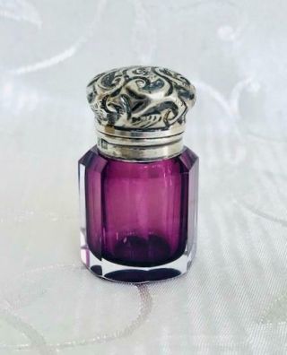 Antique Amethyst Glass Perfume Scent Bottle Silver Lid Charles May 1891