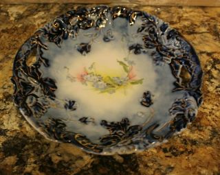 Antique R.  S.  Prussia Handled Cake Plate - Gold Accent,  Flow Blue,  Floral