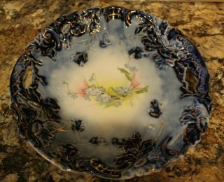 ANTIQUE R.  S.  PRUSSIA HANDLED CAKE PLATE - GOLD ACCENT,  FLOW BLUE,  FLORAL 2