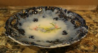 ANTIQUE R.  S.  PRUSSIA HANDLED CAKE PLATE - GOLD ACCENT,  FLOW BLUE,  FLORAL 3