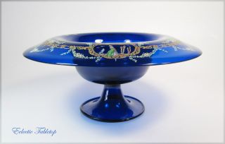 Antique Pedestal Bowl Cobalt Enamelled Bohemian 13 1/2 "