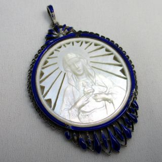 Vintage Antique Solid Sterling Silver Enameled & Mother Of Pearl Virgin Medal