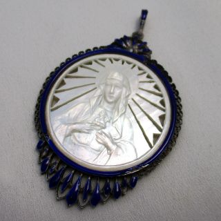 Vintage Antique Solid Sterling Silver Enameled & Mother of Pearl Virgin Medal 2
