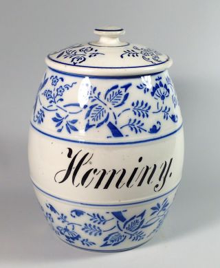 Large German Flow Blue Porcelain " Hominy " Onion Pattern Kitchen Spice Jar