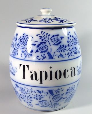 Large German Flow Blue Porcelain " Tapioca " Onion Pattern Kitchen Spice Jar