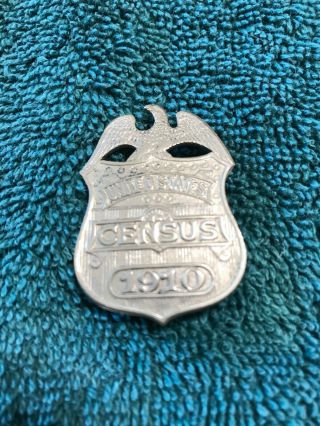 Antique 1910 United States Census Shield Badge Silver Tone Bald Eagle Pin