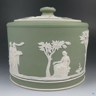 Antique Wedgwood Jasperware Porcelain Muses Roman/green Covered Jar Or Tea Caddy