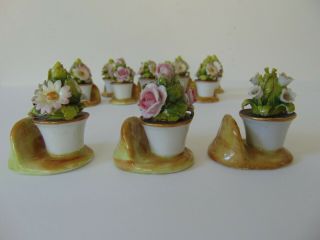 12 Antique German Porcelain Topiary Place Card Holder - Flower Pots