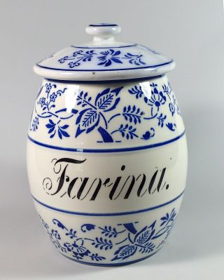 Large German Flow Blue Porcelain " Farina " Onion Pattern Kitchen Spice Jar