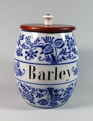 Large German Flow Blue Porcelain " Barley " Onion Pattern Kitchen Spice Jar