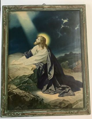 Vintage Antique Framed Print Of Jesus At Gethsemane Art Deco Green & Gold Wood