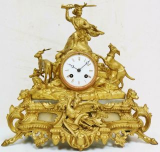 Antique French 8 Day Striking Gilt Metal Hunting Themed Mantle Clock