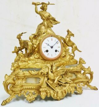 Antique French 8 Day Striking Gilt Metal Hunting Themed Mantle Clock 2