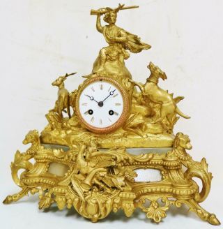 Antique French 8 Day Striking Gilt Metal Hunting Themed Mantle Clock 3