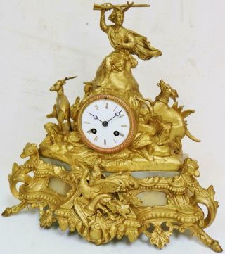 Antique French 8 Day Striking Gilt Metal Hunting Themed Mantle Clock 7