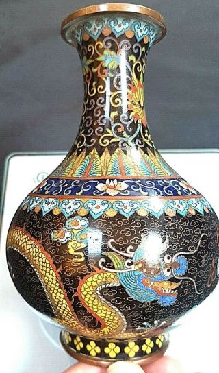 Fine Quality Antique Chinese Cloisonne Vase,  Dragon Chasing Flaming Pearl C 1910
