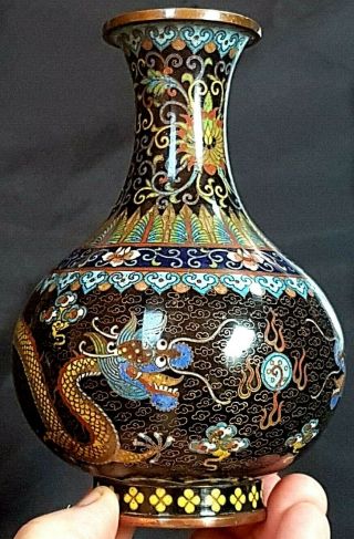 Fine Quality Antique Chinese Cloisonne Vase,  Dragon Chasing Flaming Pearl c 1910 2