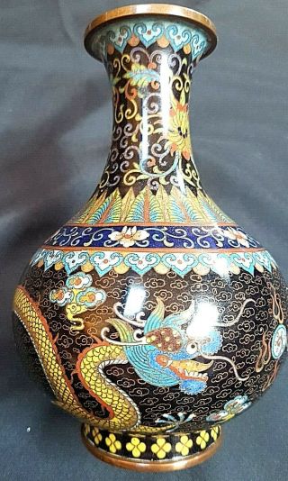Fine Quality Antique Chinese Cloisonne Vase,  Dragon Chasing Flaming Pearl c 1910 3
