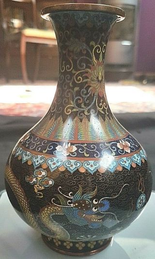 Fine Quality Antique Chinese Cloisonne Vase,  Dragon Chasing Flaming Pearl c 1910 4