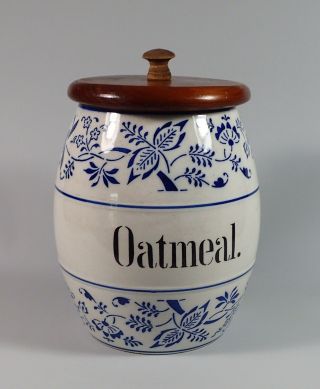 Large German Flow Blue Porcelain " Oatmeal " Onion Pattern Kitchen Spice Jar