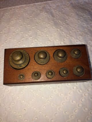 Vintage 8 Brass Grams Scale Weight Set 100g - 1g In Wooden Box