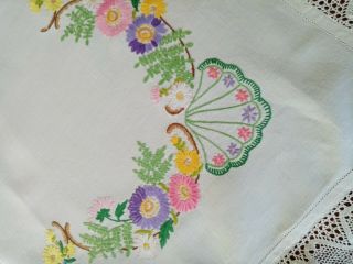 Vintage Hand Embroidered Linen Tablecloth With Handmade Lace Boarder 46 " X 48 "