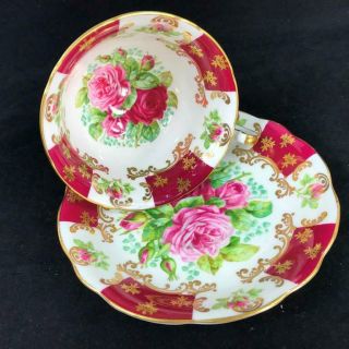 Vintage Eb Foley England Trio Cabbage Roses Red Panel Cup Saucer 3044