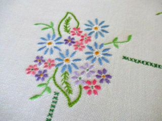 Vintage Tablecloth Hand Embroidered Pink,  Mauve & Blue Flowers