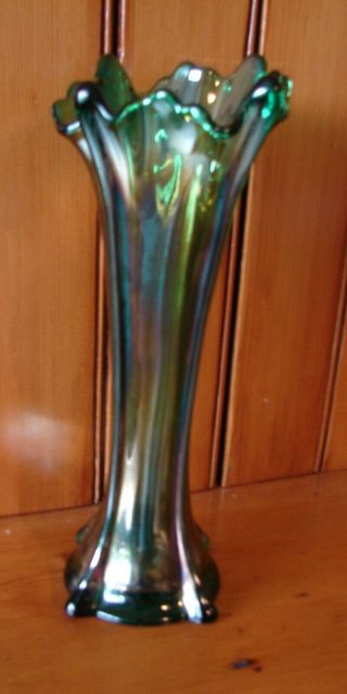 Antique Millersburg Green Iridescent Carnival Glass Four Pillar Vase 10¼ "