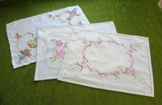 Vintage Tray Cloths - Hand Embroidered - Col.  Of 3