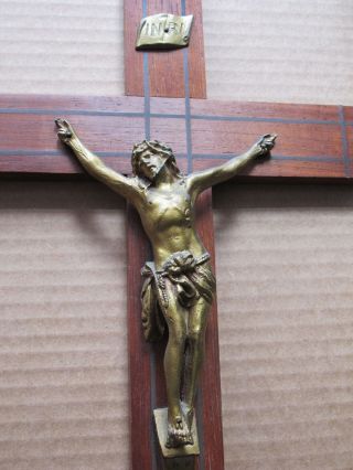 Antique French Wood Crucifix Cross Inri Brass Inlaid 15.  5 " - Ex