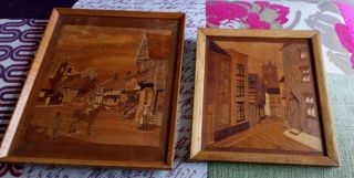 2 X Marquetry Wooden Pictures Village Scenes.  Home - Craft Completed Kits?