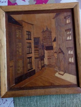 2 x Marquetry Wooden Pictures Village Scenes.  Home - craft completed kits? 3