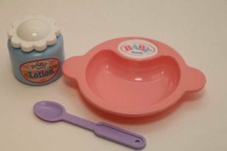 Vintage Baby Born Doll Accessories Pink Plate Bowl Spoon Blue Lotion Bottle Lid