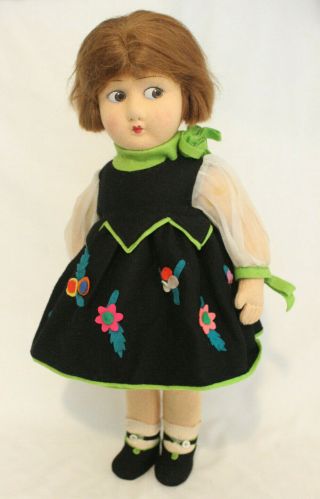 Vintage Lenci? Alma? Felt Doll 16 " Great Felt Dress Mitten Hands Sweet Shy Face
