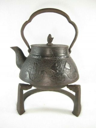 Antique Japanese Meiji (c.  1910) Signed Cast Iron Teapot Tetsubin Flying Birds
