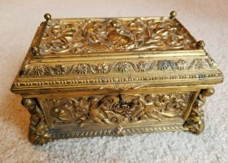 Brass Jewelry Casket Box W/key,  Possibly German Erhart & Sohne,  Cherubs,  C.  1900