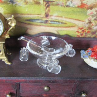 Dollhouse Glass Punch Bowl Hand Blown Vtg Handmade Dishes Lemonade Glasses Cups