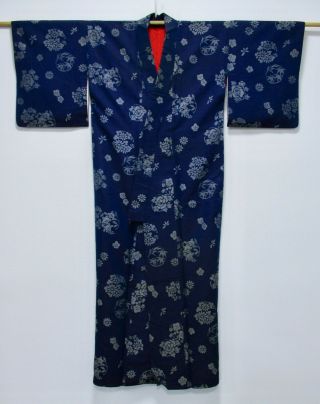 Japanese Silk Antique Kimono / Omeshi / Navy & Purple / Flower / Silk Fabric /14