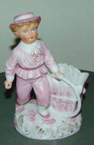 Antique Bisque Figurine Boy In Pink With Hoop Figural Match Safe