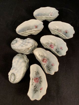 Set (8) Antique Oyster Shell Dish Shooters Hand Painted Floral China Porcelain