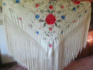 Vintage Embroidered Silk Piano Shawl With Deep Fringe