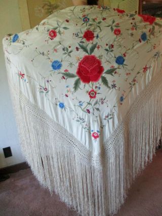 vintage embroidered silk piano shawl with deep fringe 3